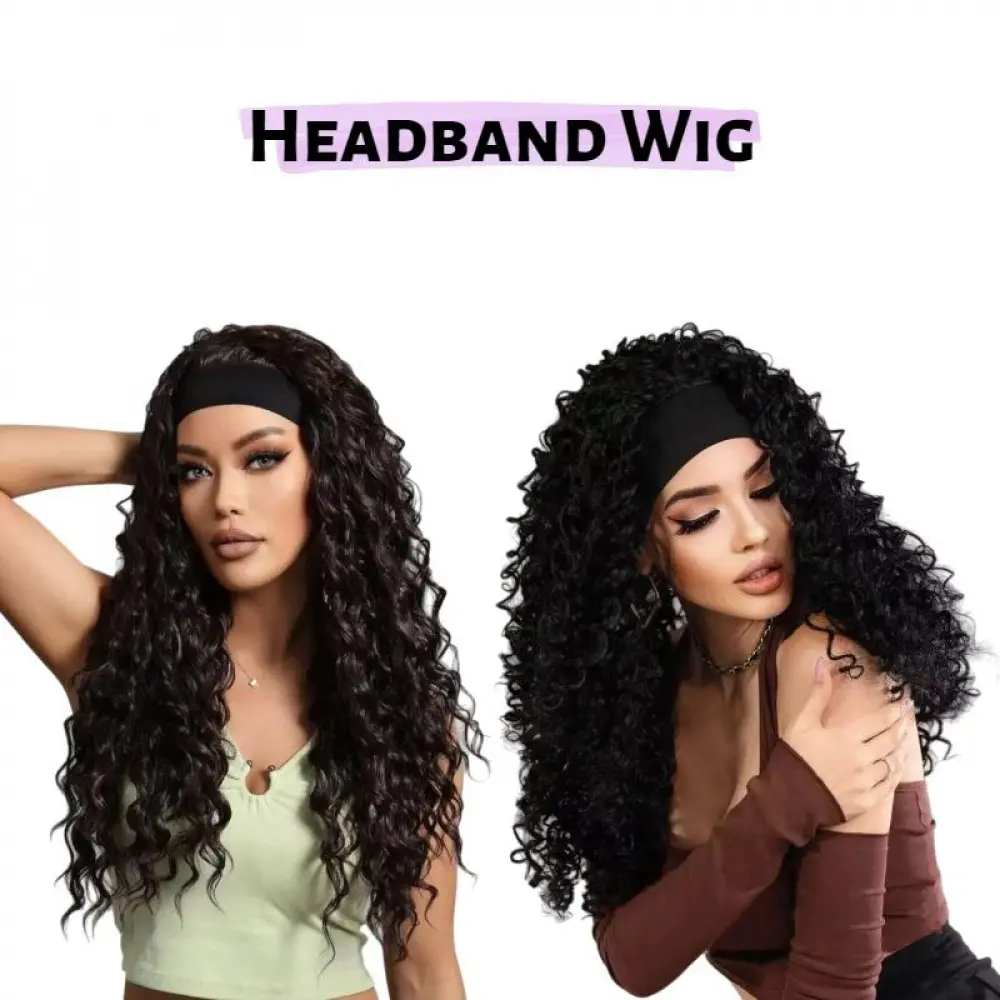 Curly hair headband wig designed specifically for women, 26-inch black long curly hair wig, easy to wear, wavy headband wig, synthetic curly hair wig, glue-free heat-resistant long wig.