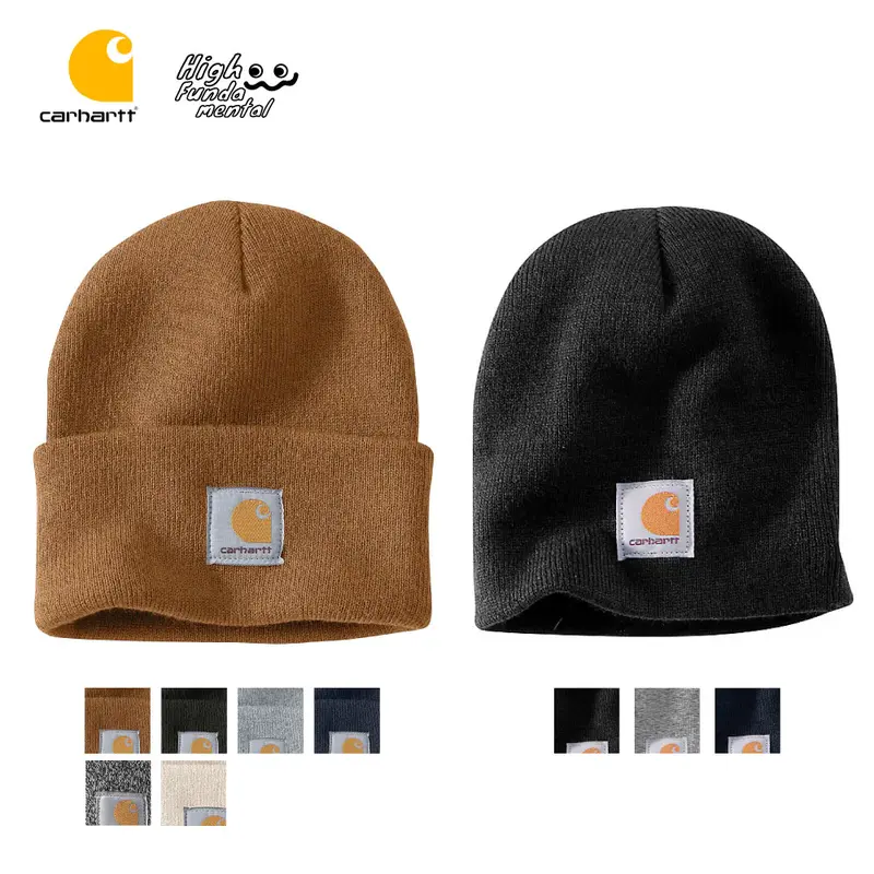CARHARTT Men's A18 Knit Cuffed Beanie & A205 Knit Beanie Warm Soft Long Beanies CARHARTT Logo Beanie Casual Caps Classic Style Beanie Knit Hat Cap Plain Winter Hip Hop One Size Fits All