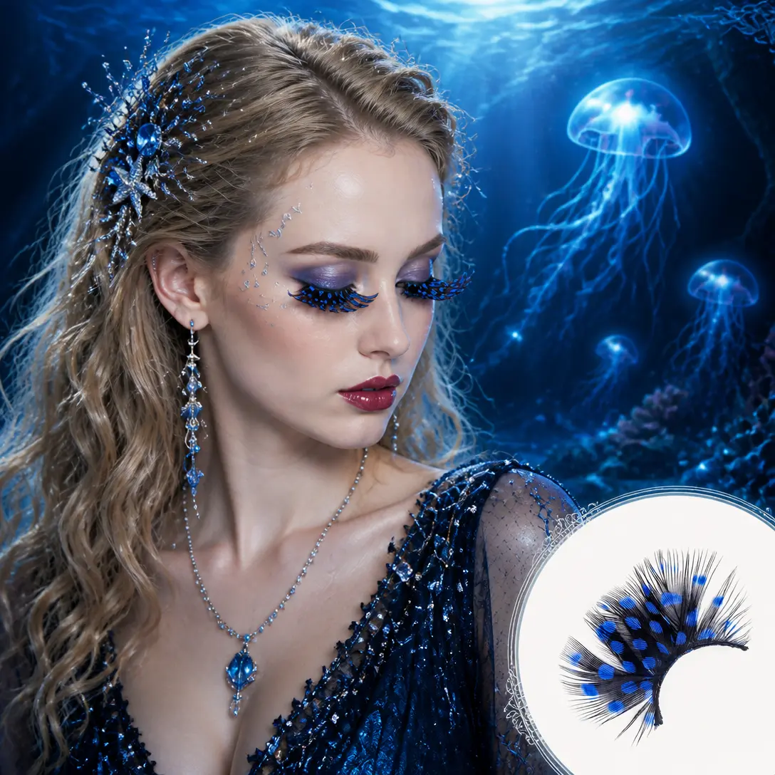 Dorisue Deep Blue Dot Feather Eyelashes - Navy Ocean Pattern Cosmetic Makeup Lashes, Cosplay Style & Feather Lash False Eyelashes & Adhesives for Festival, Mermaid Cosplay, Cosplay Style False Eyelashes & Adhesives