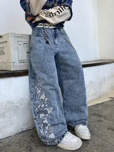 Men's Summer Thin Wide Leg Jeans, Embroidered Floral Design, Loose Fit Straight Leg Pants, Stylish New Style 2026, Slimming Effect, Long Length