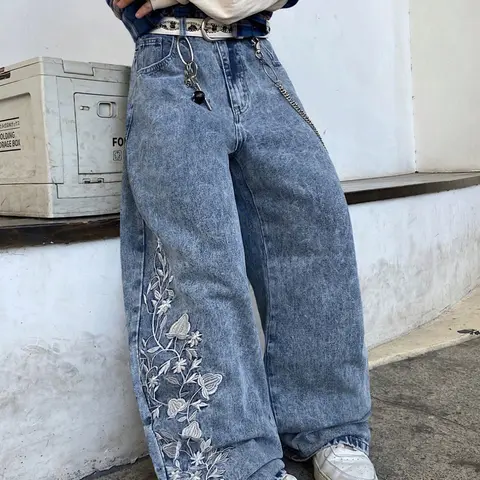 Men's Embroidered Wide-Leg Jeans, Loose-Fit Straight Leg Pants, All Seasons Fashion, Fall & Winter New Style, Slimming Effect