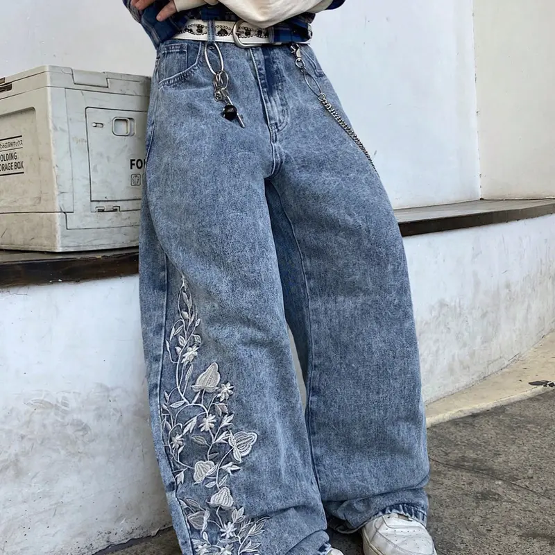 Men's Embroidered Wide-Leg Jeans, Loose-Fit Straight Leg Pants, All Seasons Fashion, Fall & Winter New Style, Slimming Effect