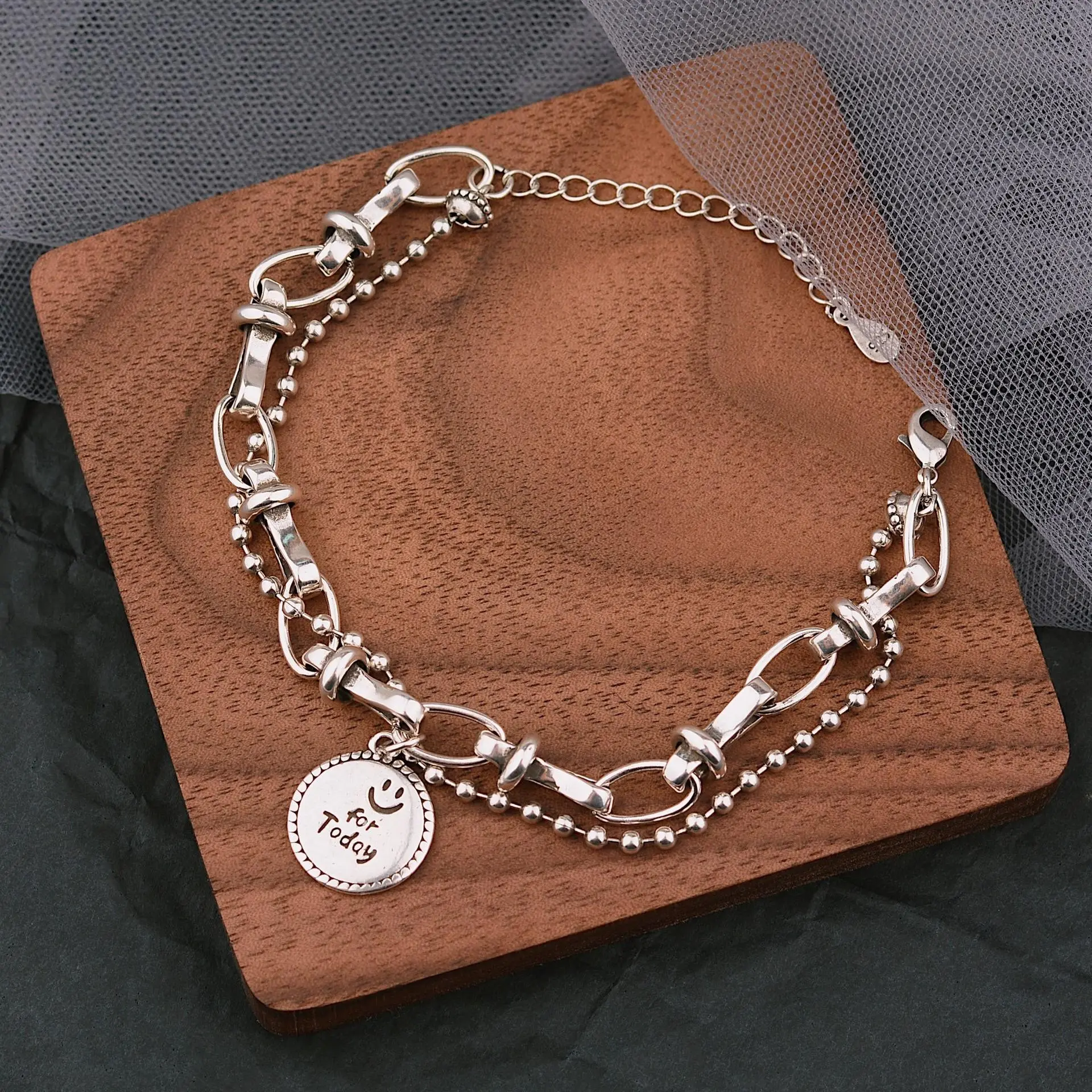 Women's Silver-Tone Double-Layered Chain Bracelet with Smiley Face Pendant, Trendy Hip Hop Style Bangle for Casual Party Wear, Trendy Bangles, Womens Bracelet, Daily, Smiley Charm