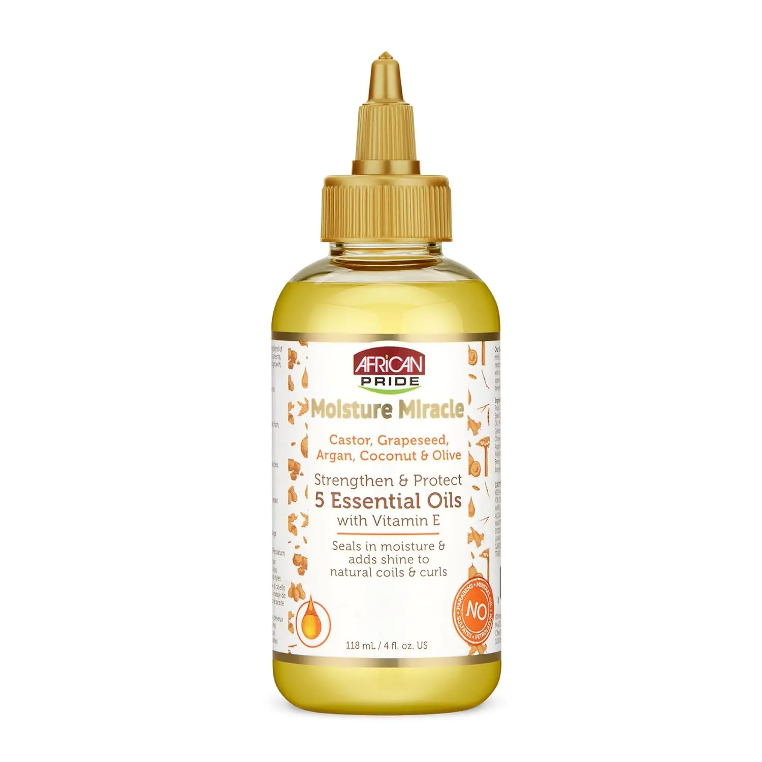 African Pride Moisture Miracle 5 Essential Hair Oils with Vitamin E | Moisture, Shine, Protection, and Growth | Argan, Castor, Grapeseed, Coconut, and Olive Oil | 4 oz