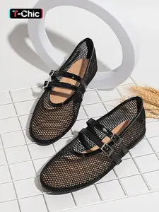 Women's Casual Hollow Out Mesh Sandals, Summer New One Strap Round Toe Flat Heel Mary Jane Shoes, Comfortable Breathable Footwear