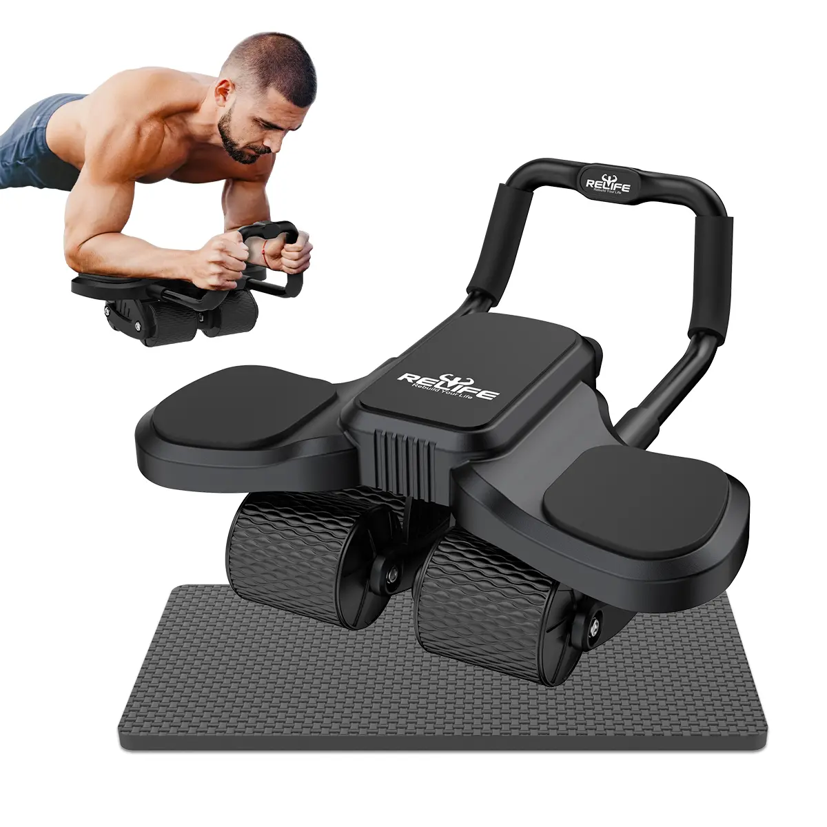 RELIFE REBUILD YOUR LIFE 4-Wheel Ab Roller Wheel, Automatic Rebound Abs Workout Equipment with Adjustable Foam Elbow Support & Phone Holder for Home Gym Core Training, Abdominal Muscle Trainer, Home Workout Equipment, Adjustable Abdominal Exerciser, Exerc