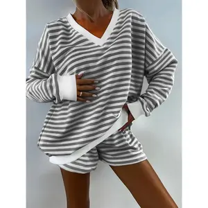Women’s Striped Lounge Set V Neck Long Sleeve Oversized Top & Shorts Casual Matching Set Comfy Loungewear Summer Outfit