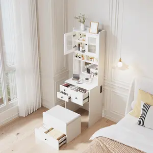 Garvee 3 in 1 Vanity Desk with LED Light, Tall Makeup Vanity Set featuring 2 AC Outlets & USB-C, Dressing Table with Storage Drawers & Acrylic Doors, Nightstand Vanity Mirror, Jewelry Box, and Cushioned Chair