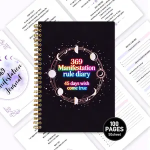 369 Manifestation Manual, combining numerology and the Law of Attraction, a multi-functional journal for gratitude journaling. It features a cover with a moon phase wheel pattern, focused on emotional healing & self-care, essential for spiritual growth, e