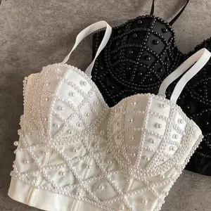 Women’s Full-Bead Pearl Bustier/Camisole — Nightclub Clubwear, Sexy Strapless Tube Bra, Bust-Shaping Minimizer