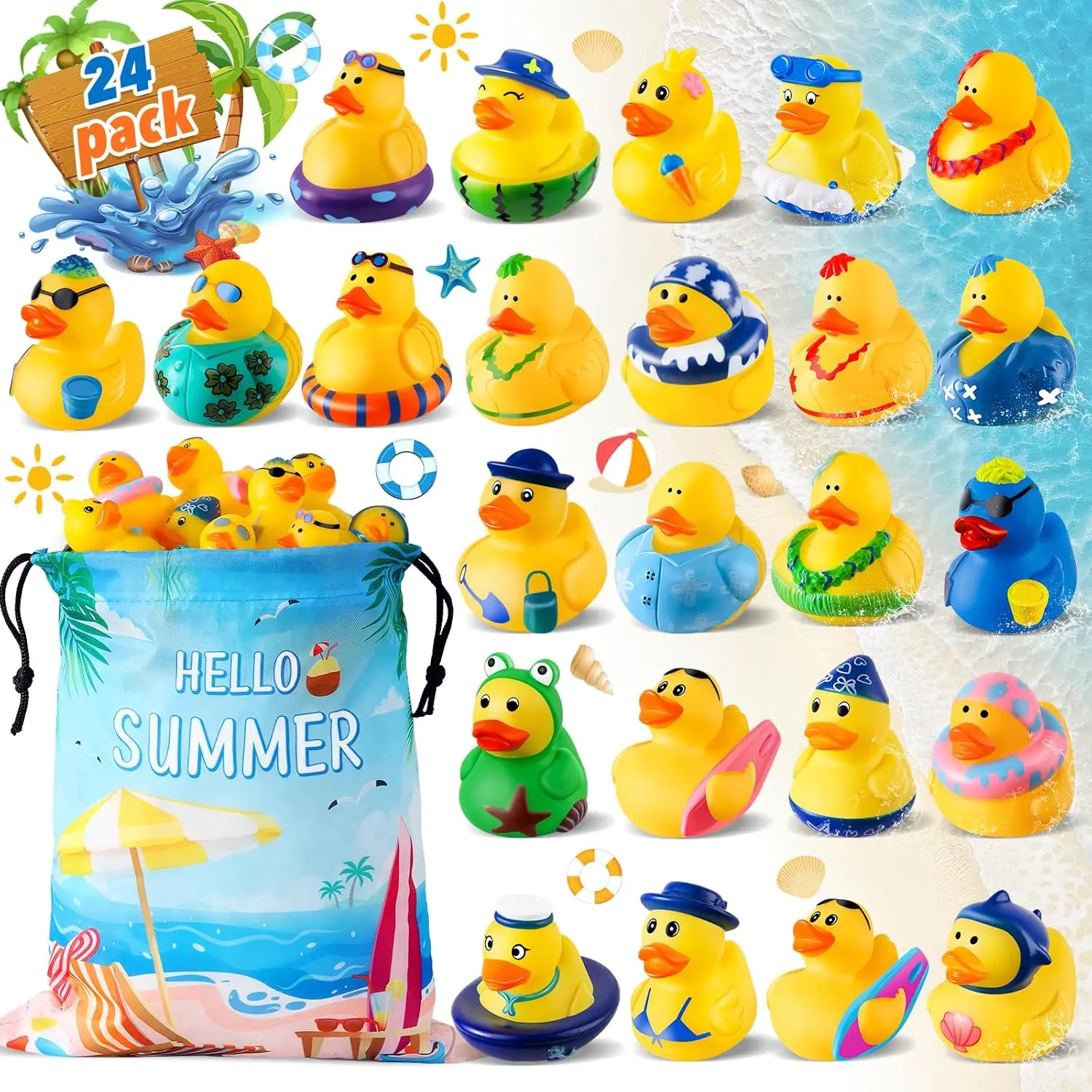 24-Pack Bulk Summer Rubber Ducks with Bag – Beach-Themed Assorted Duckies for Cruise Ship Hiding & Jeep Ducking, 2 Inch Floating Bath Toys, Pool & Beach Party Favors, Cruise Essentials 2026, Summer Vacation Gifts for Kids