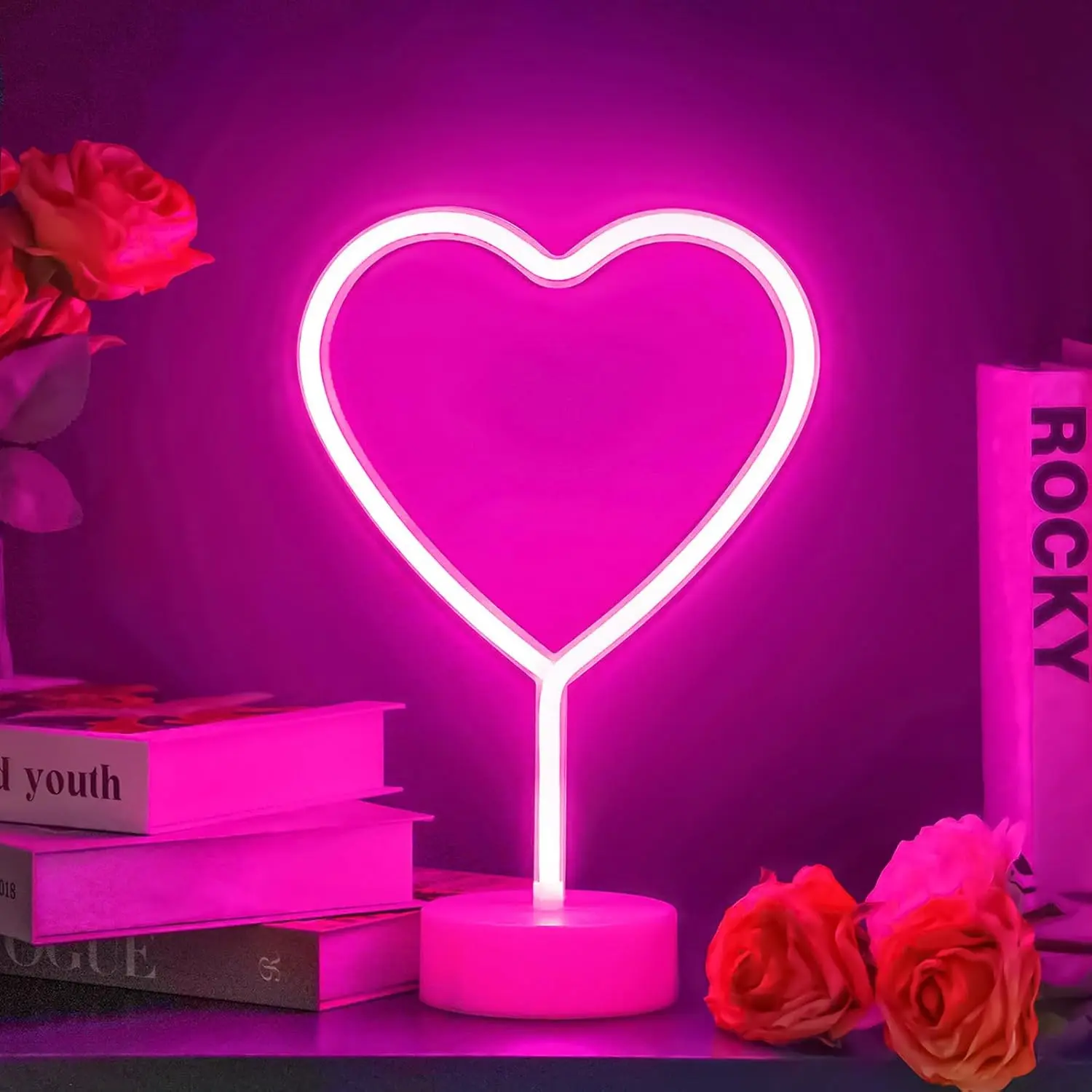Pink Heart Neon Sign, Valentines Day LED Neon Light Battery Operated or USB Powered Valentines Pink Heart Lights, Table Lamp for Galentines Day Decorations, Wedding, Gifts for Women, Lover, Battery-Powered Light Signs, Bright Light Signs