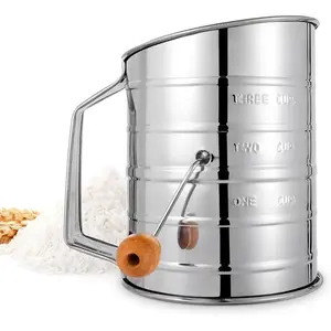Flour Sifter 3 Cup Stainless Steel Rotary Hand Crank with Fine Mesh Loop Agitator for Quick Sifting Baking Cakes & Spices