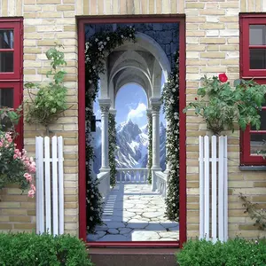 2 European Retro Arch Door Wall Sticker Stereo Simulated Roman Column Flower Decal Living Room Entrance Corridor Decorative Poster Self Adhesive Removable Snow Mountain Scenery Wallpaper Sticker