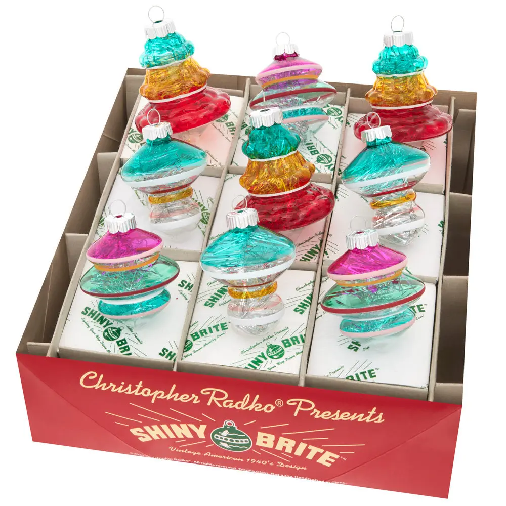 Vivid Vintage Glass Ornaments, 9-Count 2.5" Shapes, Funky Tree Accents for Fun, Christmas Tree Decor