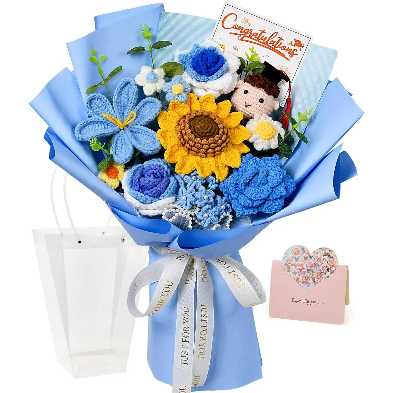 Blue Crochet Flower Mix Bouquet - Lace Sunflower, Rose, Tulip Decor, Centerpiece Ornaments for Graduation, Anniversary Gifts for Friends, Handmade