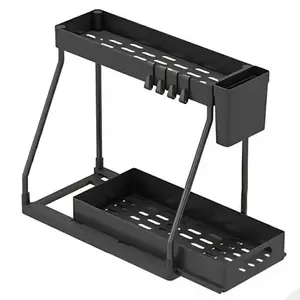 black Under Sink Organizers and Storage, 2-Tier Sliding Cabinet Basket Organizer with Hooks, Multi-Purpose Under Sink Organizers and Storage for Bathroom Kitchen