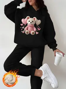 Women's Hooded Sweatshirt Set, Cute Bear Print, Thick Fleece Lined Pants, Casual Fall & Winter, Two-Piece Loose Jogger Outfit, Womenswear
