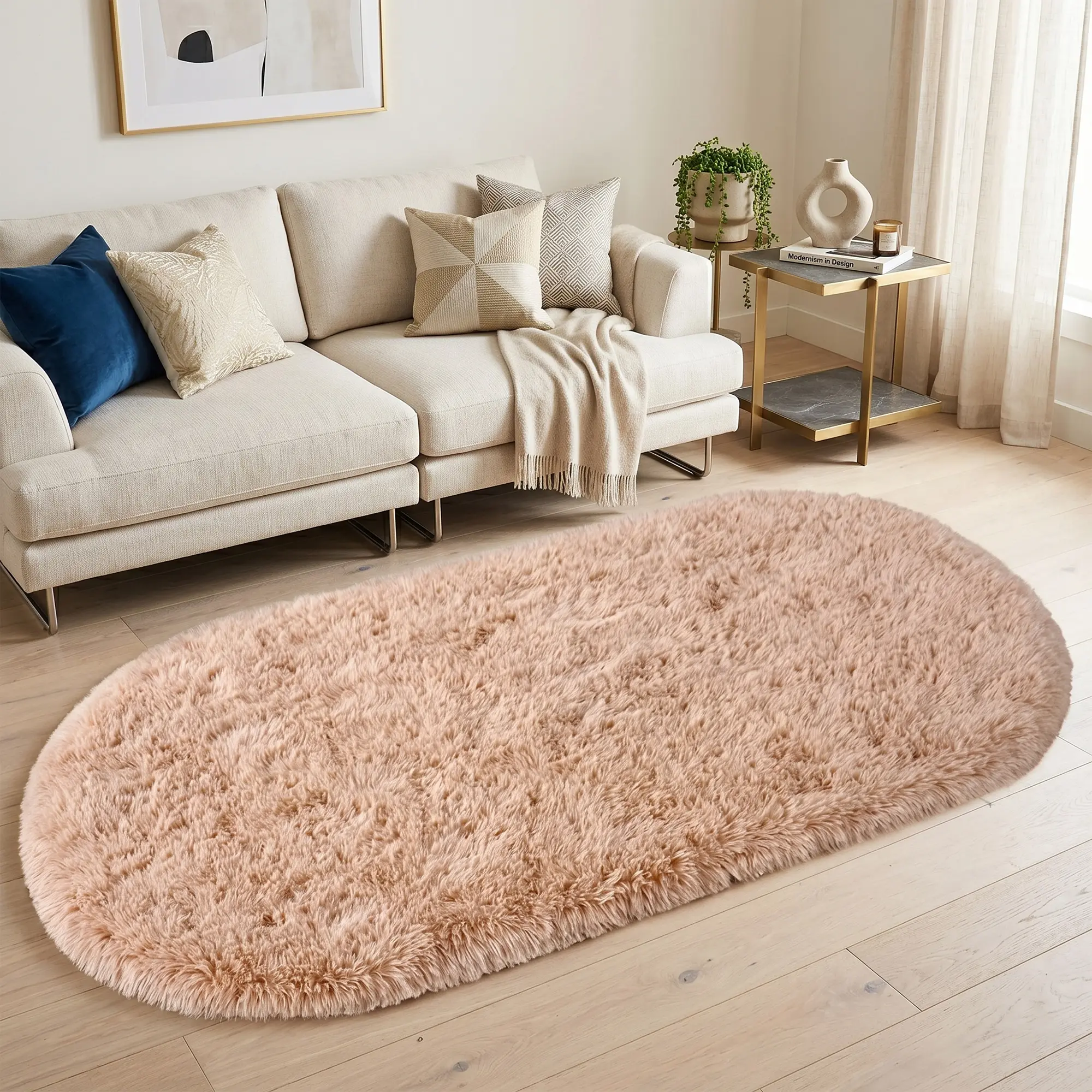 COLLA Super Soft Oval Area Rugs For Living Room, Camel Fluffy Furry Shaggy Rug, Upgrade Non-Slip Oval Carpet, Soft Throw Rug For Bedroom, Aesthetic Home Decor