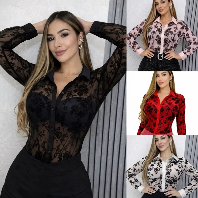 Women's Chic Sheer Floral Mesh Button-Front Blouse - Breathable Fabric, Long Cuff Sleeves, Lightweight Fit, Elegant Statement Piece, Lace, Dark Aesthetic, Layering Outfits, Evening Fashion, Bold Flowers, Floral Detailing