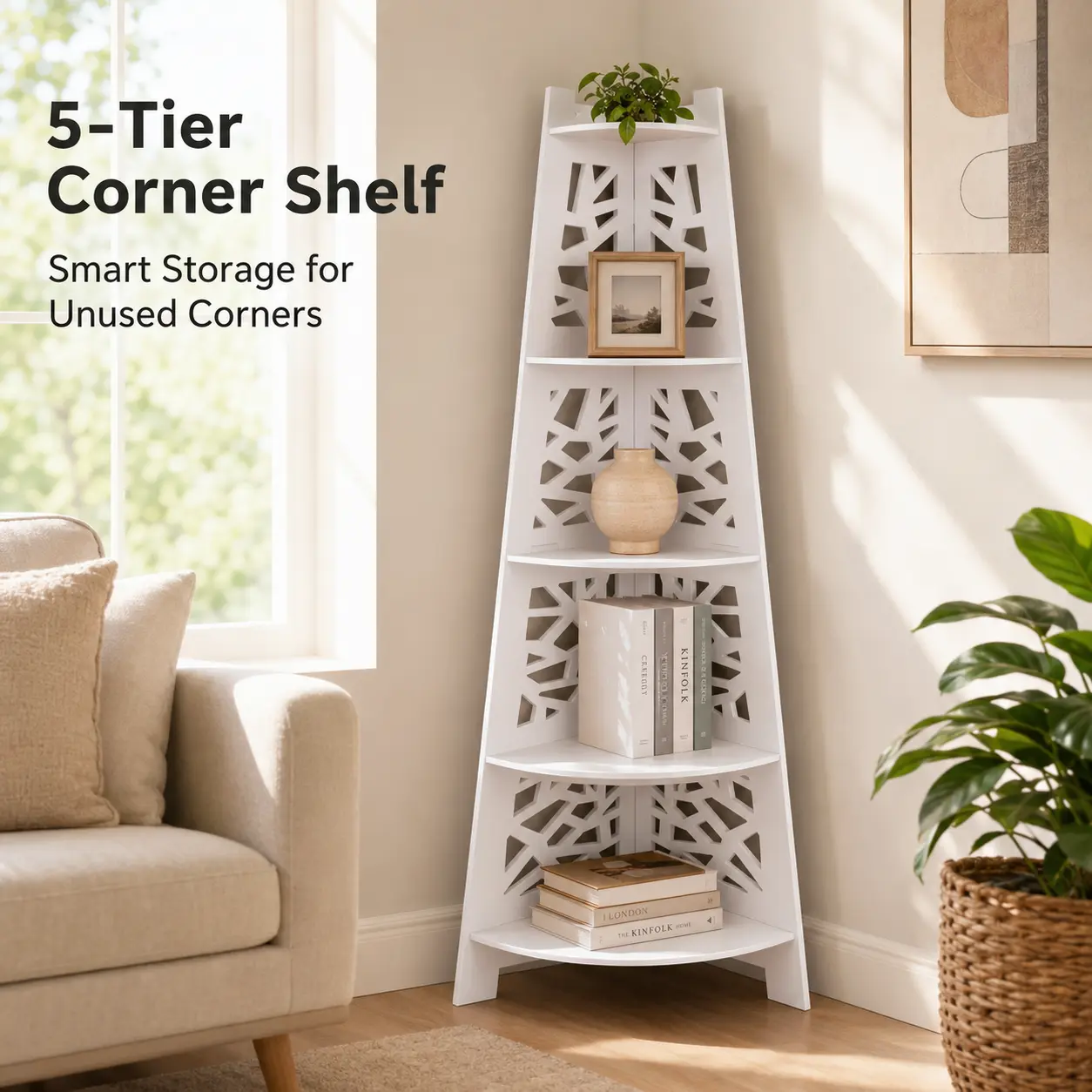 White 5-Tier Vertical Corner Shelf, Floor-Standing Multifunctional Storage Unit for Pet Supplies, Home, Office Organization