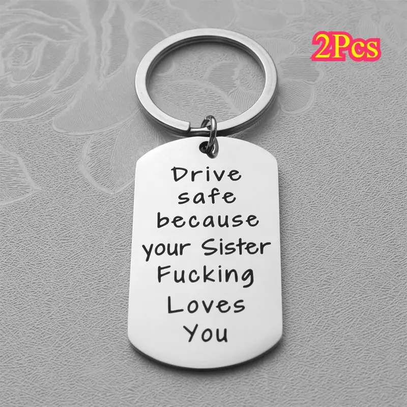 Sentimental Keychain Set for Brother, 2-Piece Stainless Steel Keyring Gift from Sister, Boyfriend Gifts with "Drive Safe" Message Engraved, Multipack, No, Slogan