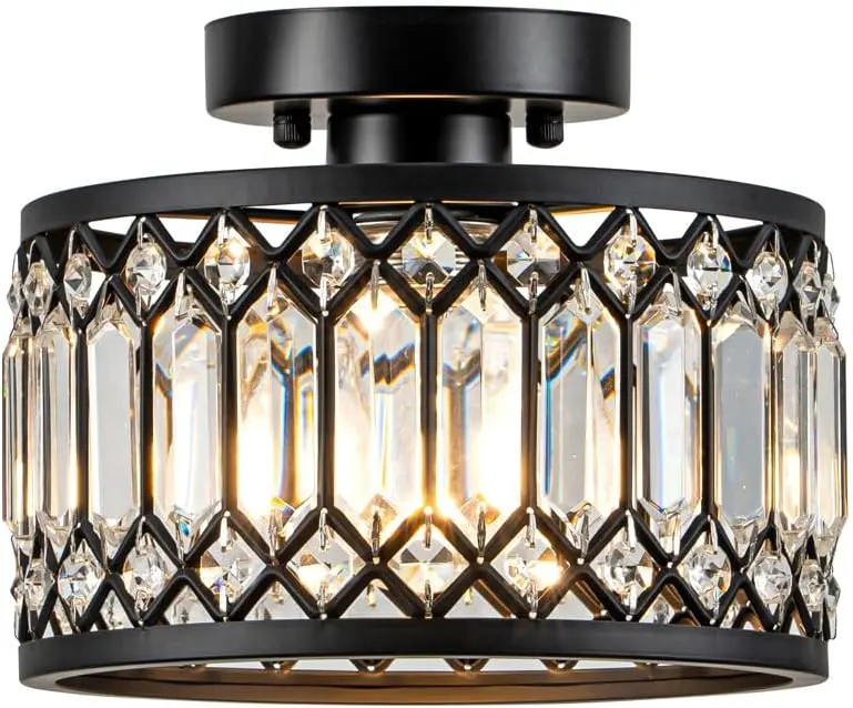 9 Inch Crystal Ceiling Light, Black Flush Mount Ceiling Light Fixture, Flush Mount Chandelier, Light Fixture for Hallway, Entryway, Bathroom; Laundry Room, Kitchen, 1 Light