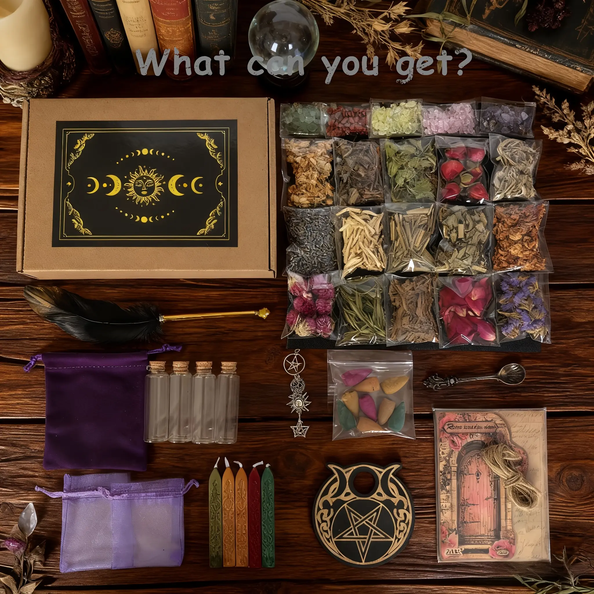 Beginner Witchcraft Magic Set with DIY Wish Bottle Supplies, Complete Altar Kit with Crystals, Herbs & Ritual Tools, Perfect Gift for Halloween, Christmas, Lovers, Friends & Family