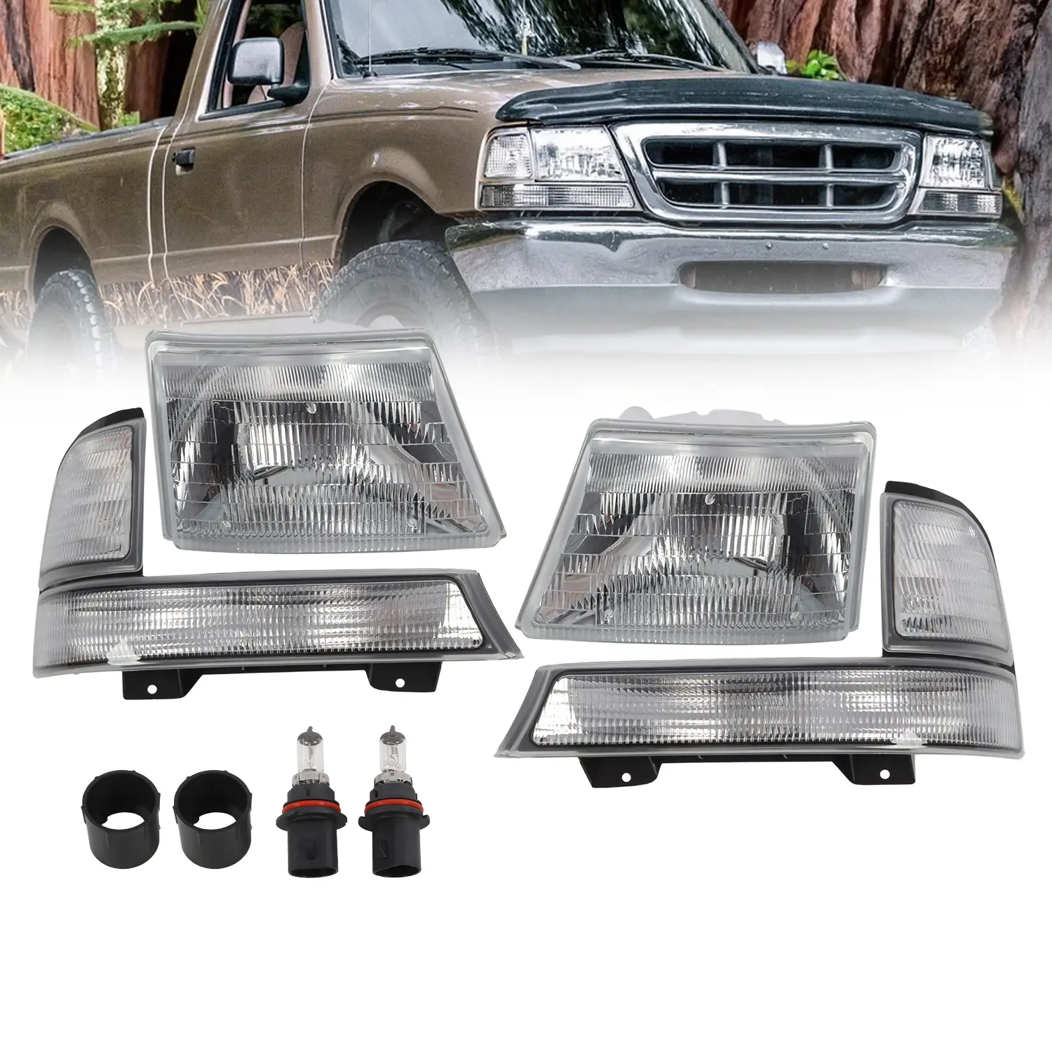 Nakkaa Halogen Diamond Headlight Set with Turn Signals for 1998-2000 Ford Ranger - 1 Pair (2 Pcs, Left & Right), White & Black Background, White & Yellow Components, ABS Plastic, Screw Mount, Lightweight, High-Quality Replacement, High Quality Standard, L