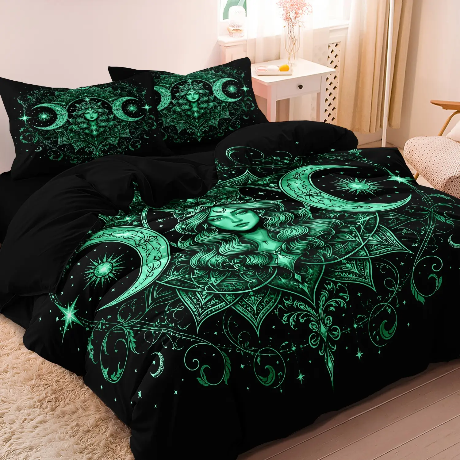 3pcs Set Black Background Green Moon Goddess Duvet Cover Bed Covers, Gothic Celestial Mandala Bedding, Occult‑Style Bed Linen for Home Bedroom, Dormitory & Hotel Use (1 Duvet Cover + 2 Pillowcases, No Comforter, No Pillow)