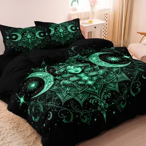 3pcs Set Black Background Green Moon Goddess Duvet Cover Bed Covers, Gothic Celestial Mandala Bedding, Occult‑Style Bed Linen for Home Bedroom, Dormitory & Hotel Use (1 Duvet Cover + 2 Pillowcases, No Comforter, No Pillow)