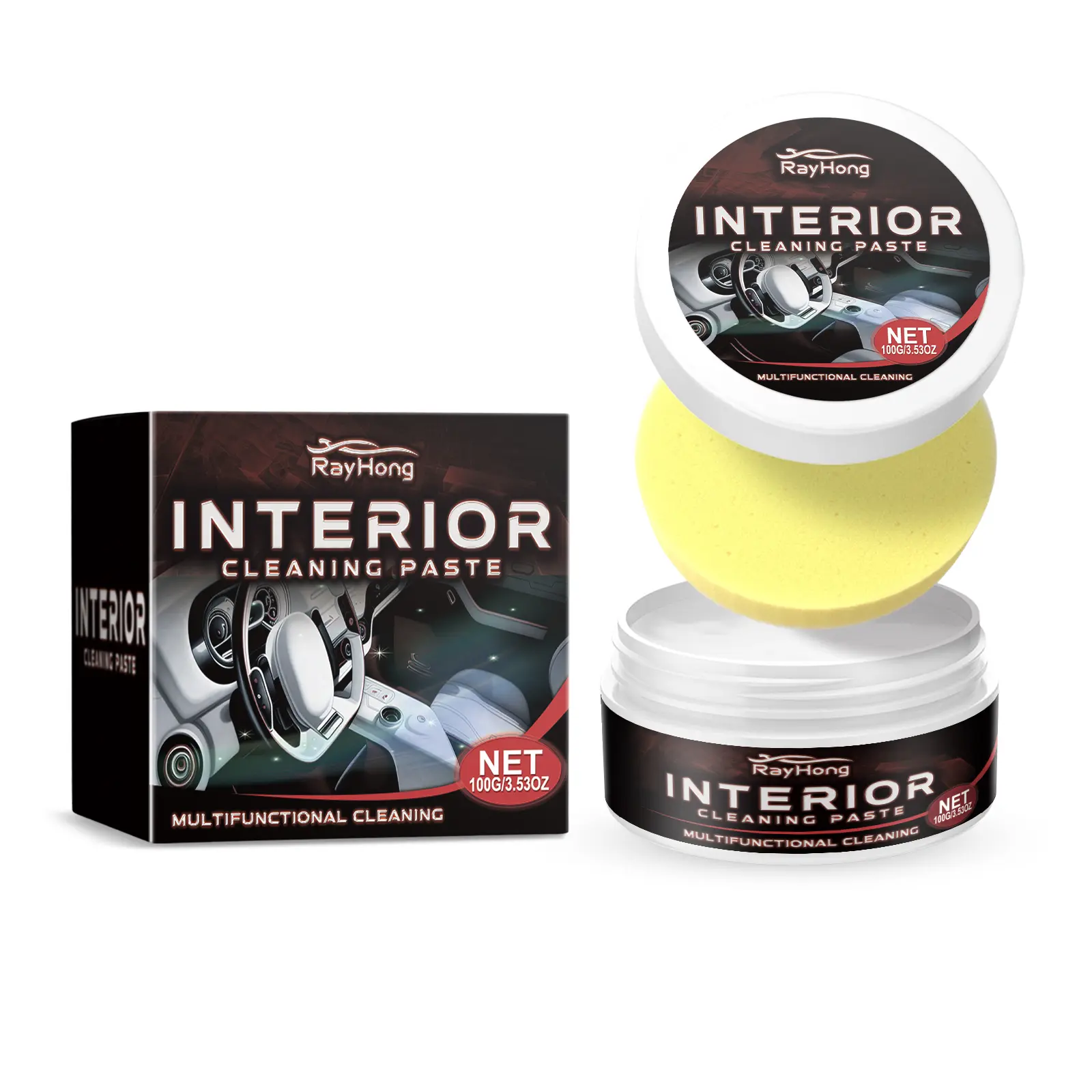 Rayhong Car Interior Cleaning Cream - Foam-Based Stain Remover, Wax-Enhanced Upholstery Cleaner for Deep Cleaning Car DIY Care, Wash-Free Decontaminator, Non-Damaging to Internal Materials, Simple Use Easy-Remove Formula, Surface Cleaner