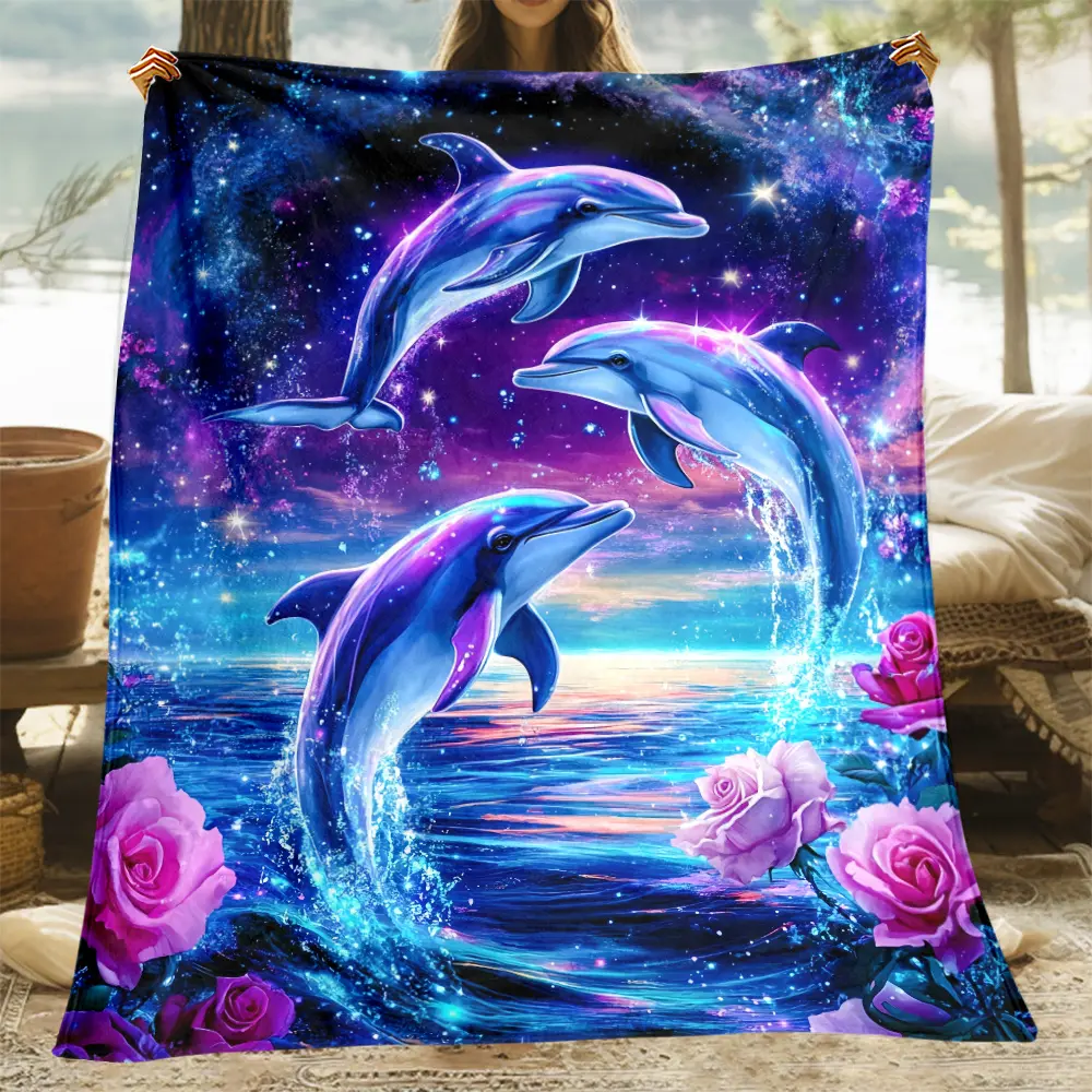 1Pc Cartoon Dreamy Dolphin HD Digital Printed Lightweight Flannel Cozy Throw Blanket - Soft Warm Polyester Knitted All-Season - Adult Gift For Family/Friends - Sofa, Travel Use - Mixed Color, Knitting, Lightweight Breathable, Lightweight Breathable Blanke