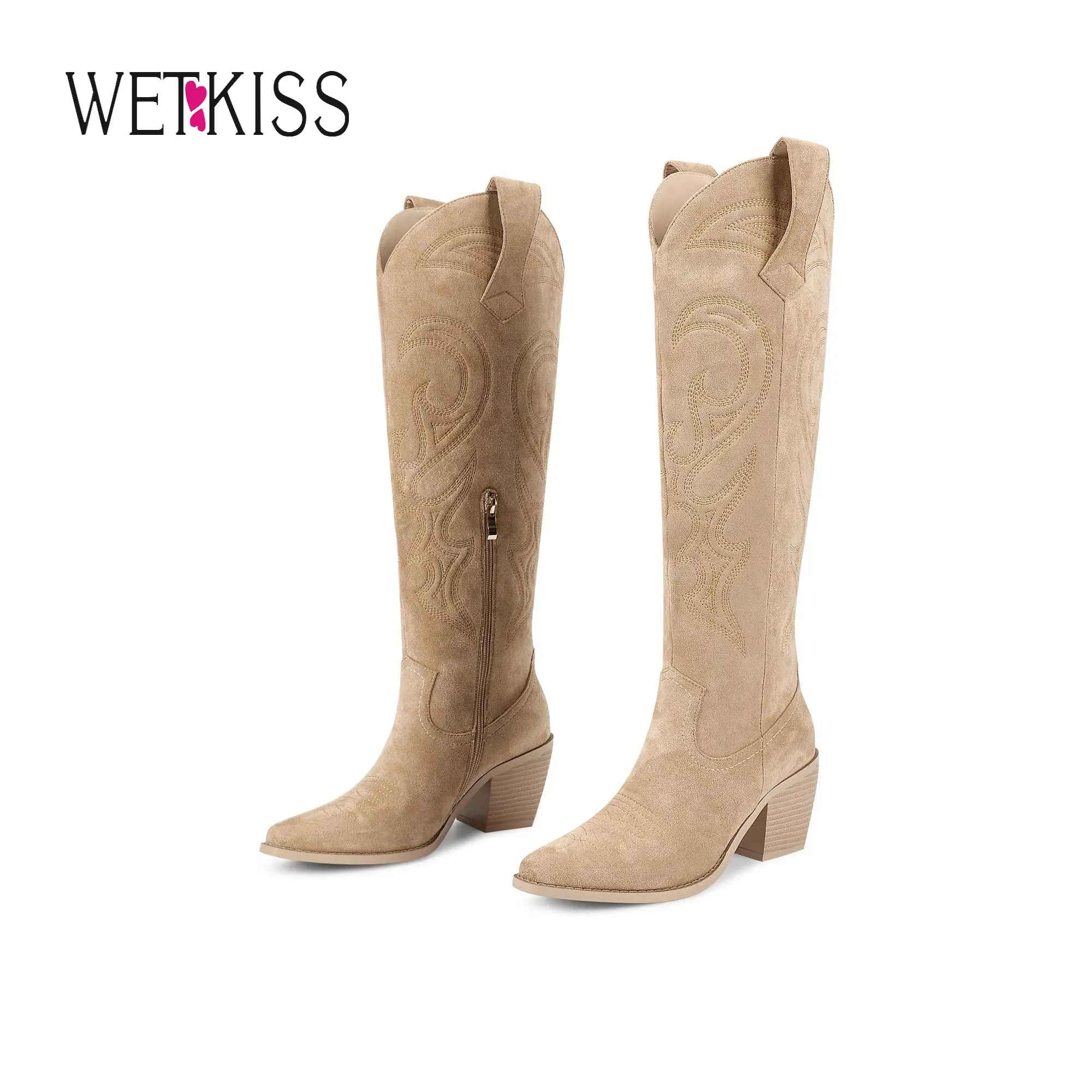 Wetkiss Knee High Cowboy Cowgirl Boots for Women, with Unique Embroidery, Side Zipper and Chunky Heel Design, Women's Shoes,Women's Boots Beige Casual #WeeklyDeals#tiktokshopbacktoschool #tiktokshopsummersale
