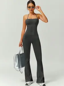 Trendy Slim-Fit One-Piece Bell-Bottom Pants for Women with Straps Beautiful Back Butt-Lifting for Fitness Yoga Outdoor Activities in Gray Black Burgundy Linen Navy Blue Coffee Brown Army Green Rose Red