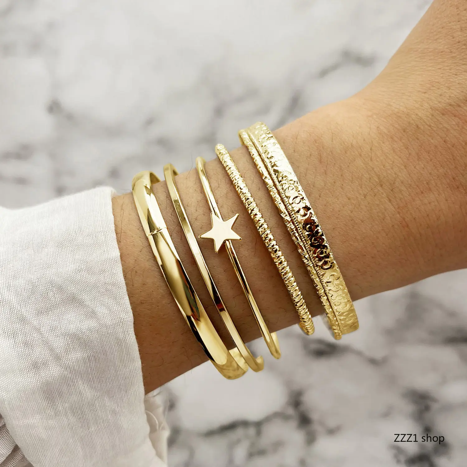 Gold Bangle Bracelet Set for Women, Vintage Boho Style Layered and Textured Chunky Cuffs with an Open Star Bangle for Holiday Parties, Bracelets Accessories, Trendy Stack Bangles