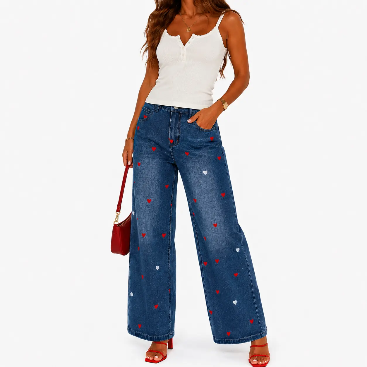 utcoco Women's Heart Graphic Wide Leg Jeans, Stretchy Denim Relaxed Fit Baggy Trousers for All Seasons, Trouser, Stretchy Baggy Jeans, Relaxed Fit Style, Loose Fit Wide-Leg Jeans