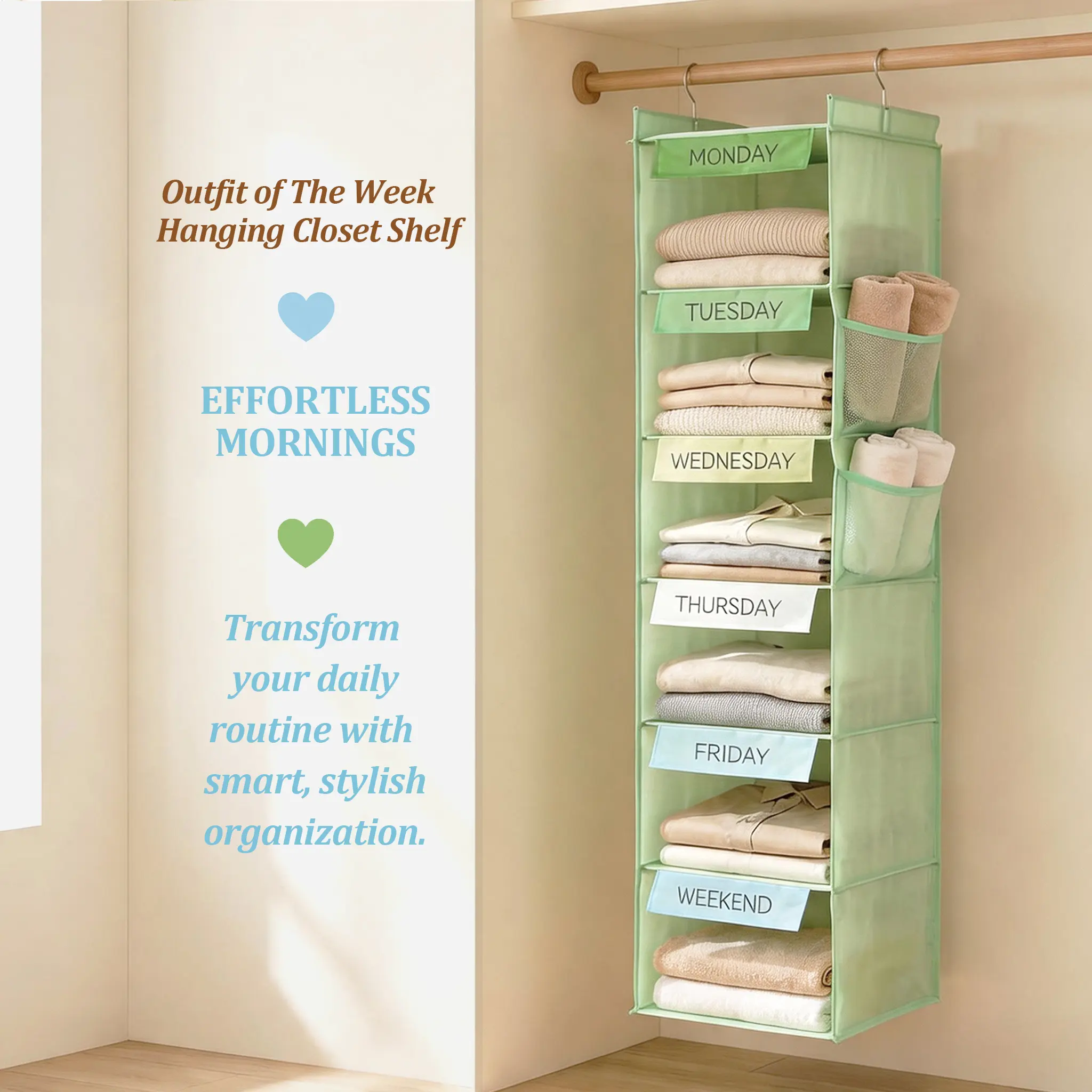 6-Shelf Hanging Closet Organizer with 2 Side Pockets, College Dorm Move-in  Must Have, Back to School Hanging Closet Storage, Weekly Clothes Organizers for Closet, Amazon Closet Hanging Organizer and Storage, Mint Green