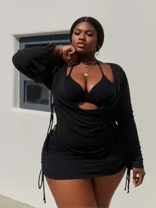 XJN Plus Size Black 3-Piece Nylon Underwired Beach Swimsuit Set, Flare-Sleeve Mesh Cover-Up, Wrap Bikini, High-Waist Ruched Bathing Suit for Curvy Women (XL-4XL)