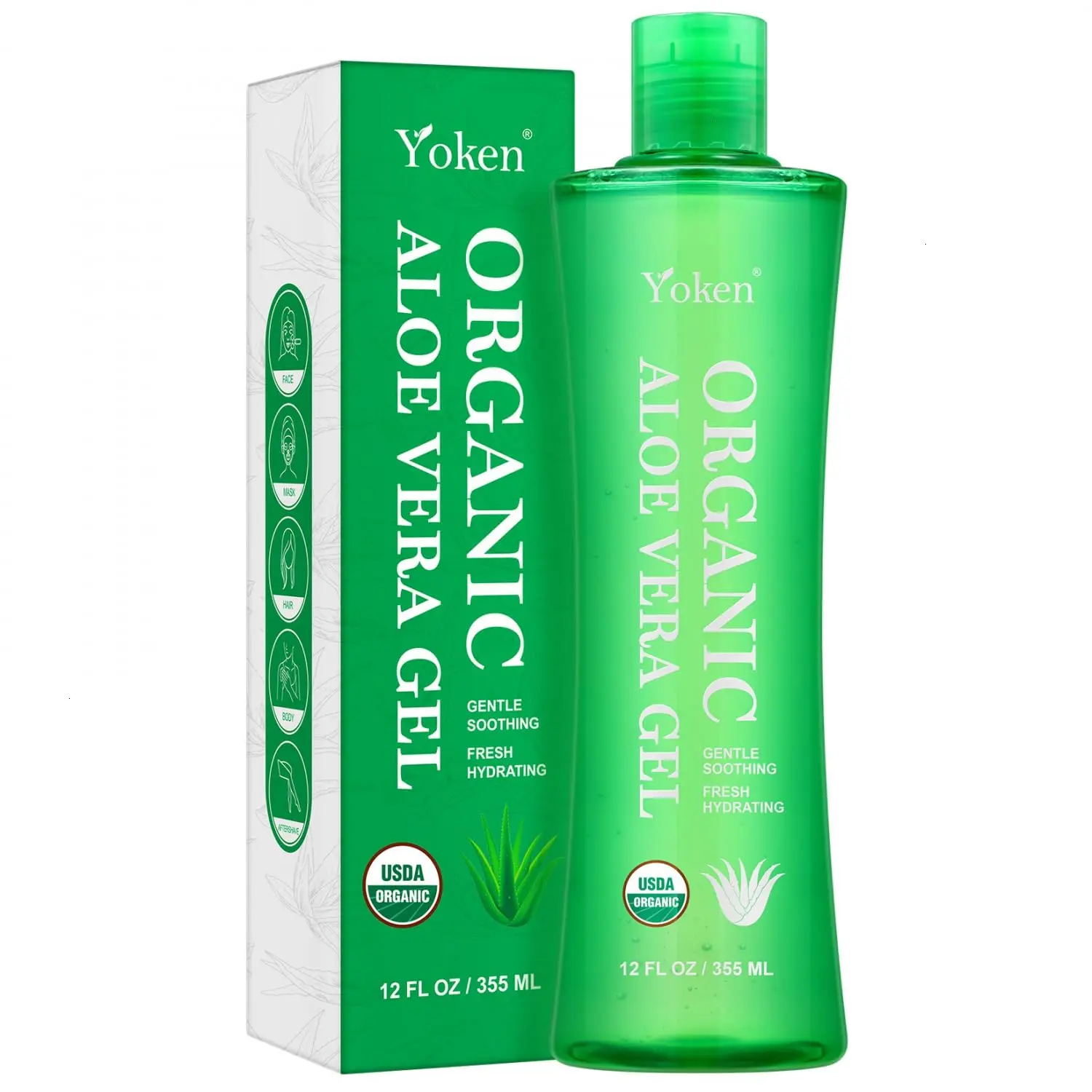 Yoken USDA Certified Organic Aloe Vera Gel 12oz, 99% Pure Aloe Vera Juice, Gel-to-Water Texture, Alcohol Free, No Added Fragrance, Face Body Hair Care, Cooling & Refreshing Summer Skincare