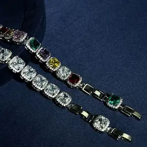 Sparkling Cushion Halo Silver Tone CZ Bracelet for Women - Colorful Gemstone Tennis Bracelet, Statement Crystal Link Bracelet Jewelry for Party/Wedding/Gift