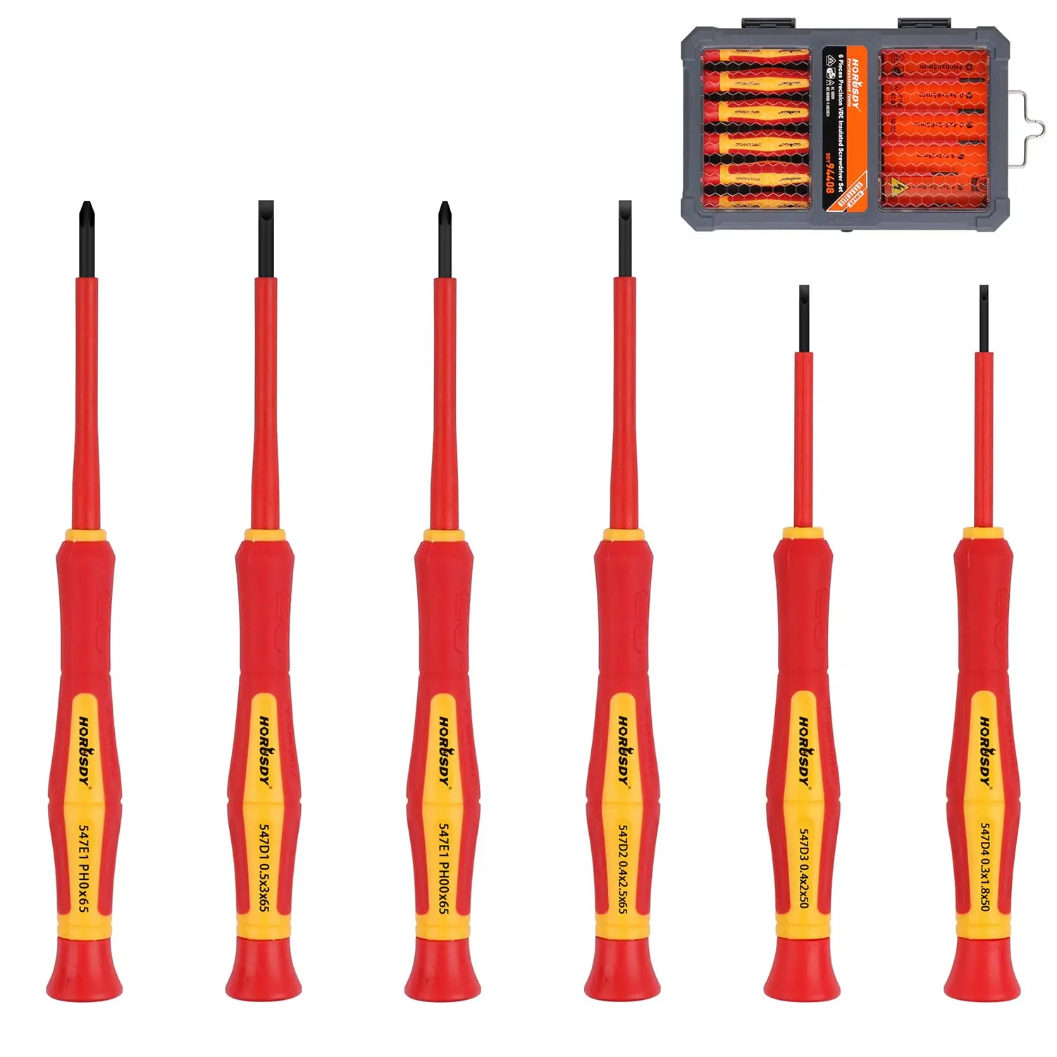 HORUSDY 1000V 6-Piece Mini Insulated Precision Pen-Sized Screwdriver Set - Magnetic Multipurpose Multifunctional Electrician Tool with Slotted (1.8mm,2.0mm,2.5mm,3.0mm) & Phillips (PH00,PH0) Flat-Head Screwdriver Sets, Precision Screwdriver
