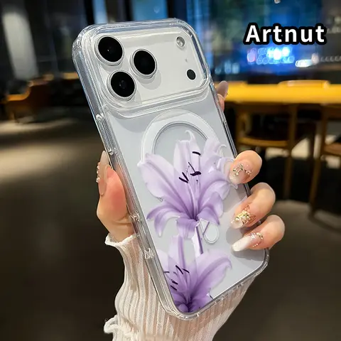 Magnetic Transparent Wireless Smartphone Casing for iPhone 17 Pro Max/16 Plus/15/14/13/12/11/Air E - Lavender Lily Grace Pattern, Acrylic Back, Soft Silicone Edge, Fingerprint Resist Protection, Acrylic+TPU Teen Gift