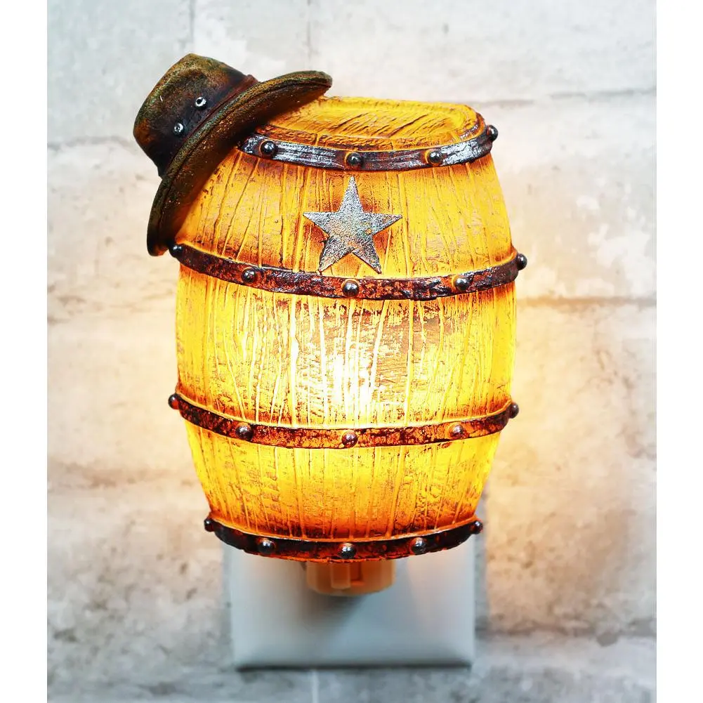 Rustic Western Star Cowboy Hat Acrylic Polyresin Hand Painted Outlet Night Light, Vintage Beer Barrel Wall Plug-In LED Lamp with Rustic Charm for Room Decoration