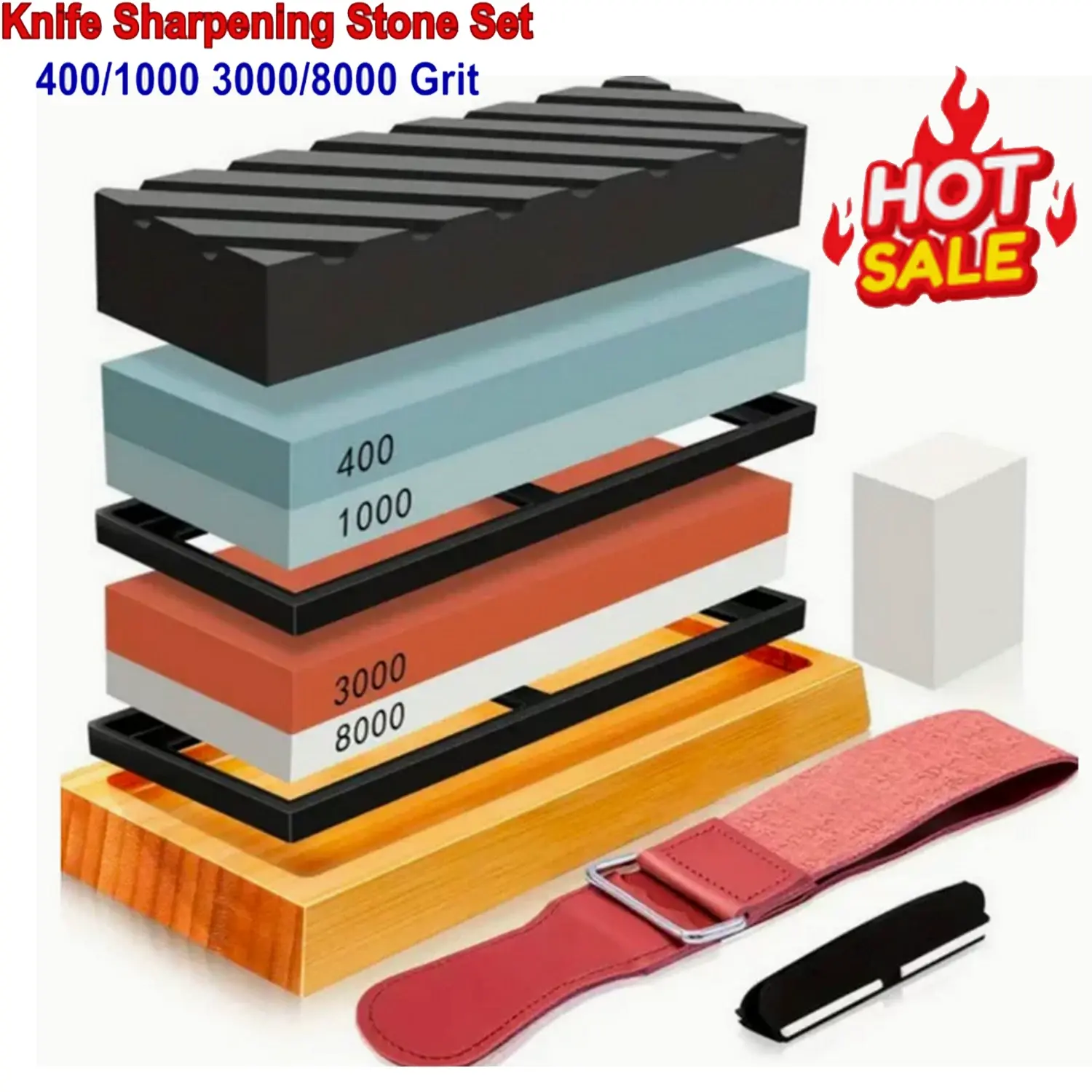 Professional Whetstone Sharpener Set with 4-Side 400/1000 & 3000/8000 Grit Stones, Durable Bamboo Base, Silicon Holder & Angle Guide for Precision Sharpening