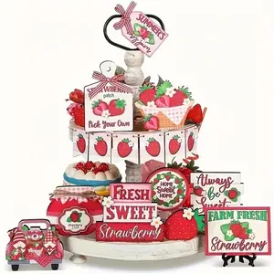 Strawberry Themed Tiered Tray Decoration Set, 16pcs/set Wooden Strawberry Ornament, Home Decor for Kitchen Living Room, without Tray