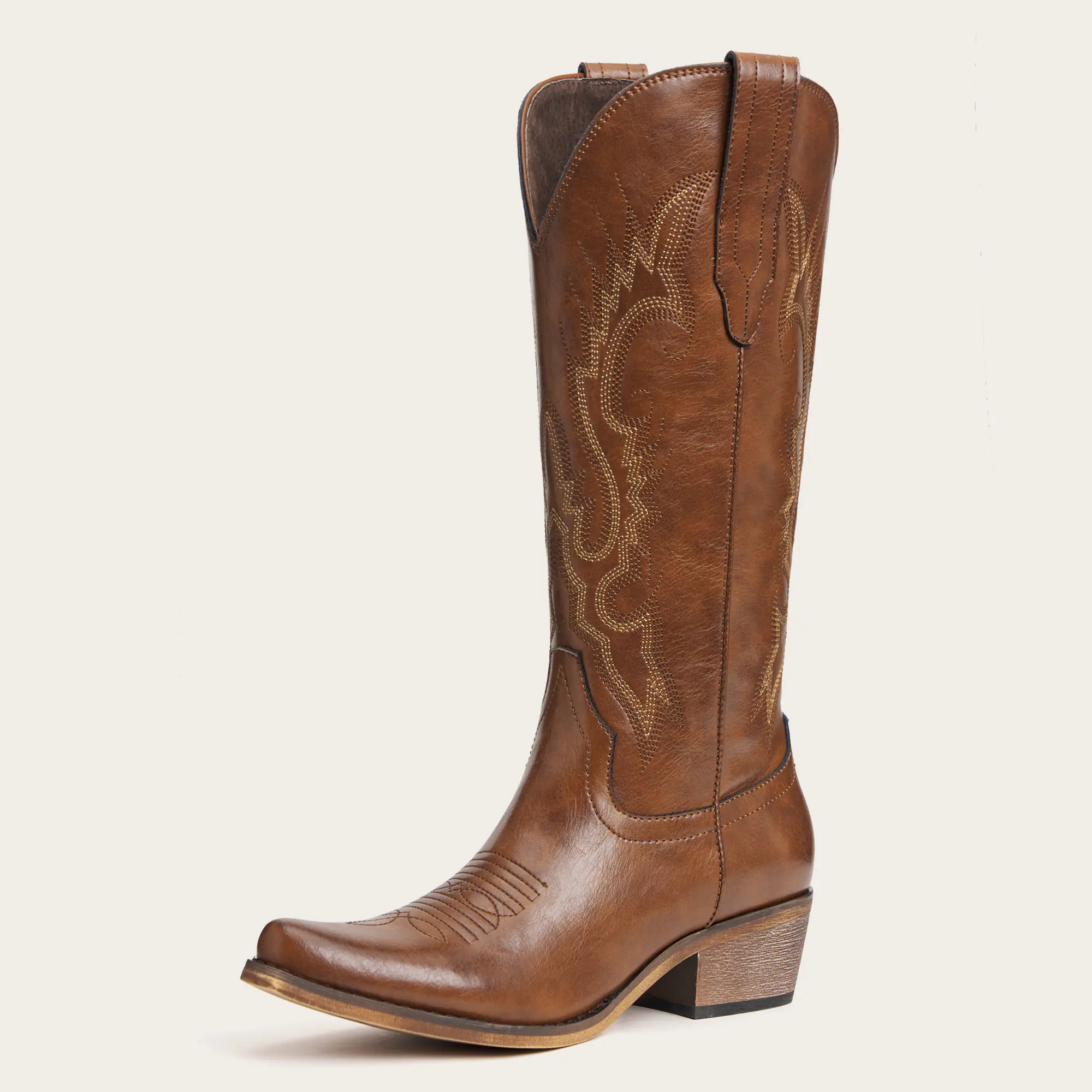 REDTOP Women’s Brown Tall Leather Cowboy Boots - Classic Western Embroidered Block Heel Shoe for Country Concert, Urban Cowboy, Cowgirl Fashion