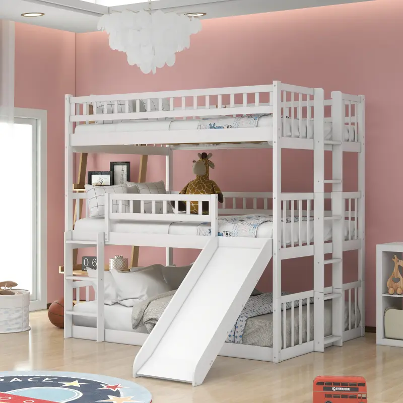 Full-Over-Full-Over-Full Wooden Triple Bunk Bed with Slide, Bedframes, Sturdy Bed Frame, Built-in Ladder and Guardrails for Modern Family