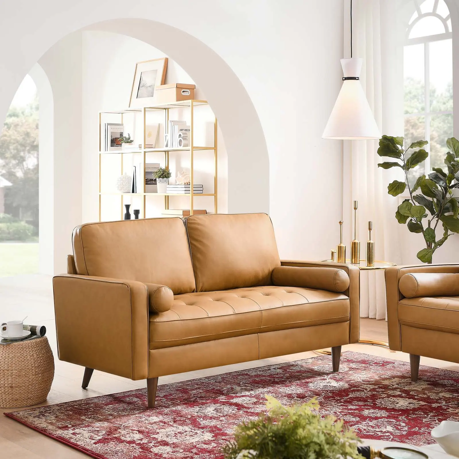 Modway Valour Tufted Leather Loveseat, Indoor Furniture Tan Sofa, Tufted Sofa