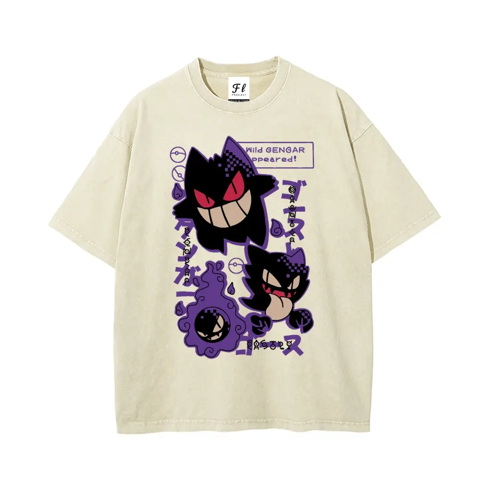 Men's Washed Cotton Basic Round Neck Short-Sleeve T-Shirt - Unisex Menswear, Simple Pocket Monsters Anime Japanese Text Print, Summer Casual Top, Men’s Clothes